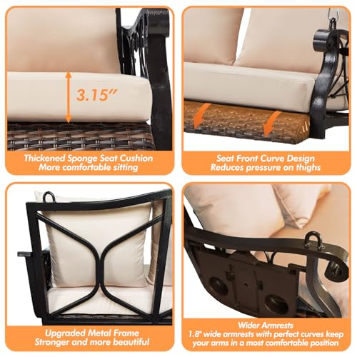 ZZW 3-Person Wicker Porch Swing Chair Heavy Duty 900 LBS Outdoor Rattan Patio Swing Chair w/Cup-Holder & Steel Chains Hanging Bench Porch Swing Cushions for Deck & Backyard & Garden