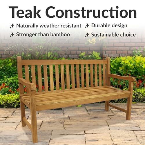 Sunnydaze 2-Person Outdoor Bench for Front Porch or Park - Wooden Teak Patio Garden Bench with Backrest - 675 lb Weight Capacity - 60"