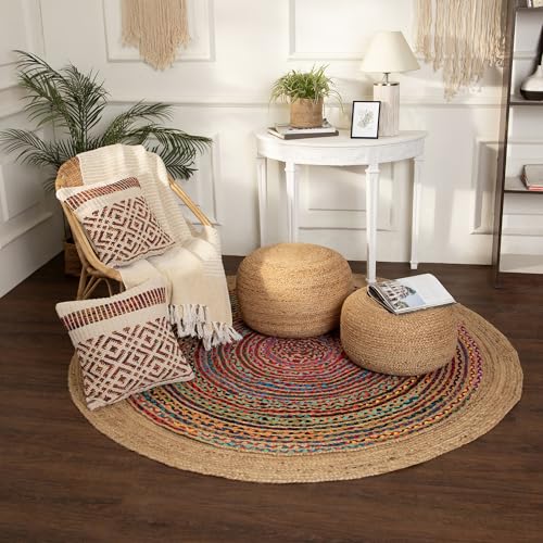 · REDEARTH · Jute Circular Low Pouf Ottoman - Braided Pouffe Accent Sitting Round Footrest for Living Room, Bedroom, Nursery, kidsroom, Patio, Gym; 100% Jute (18"X18"X10"; Natural)