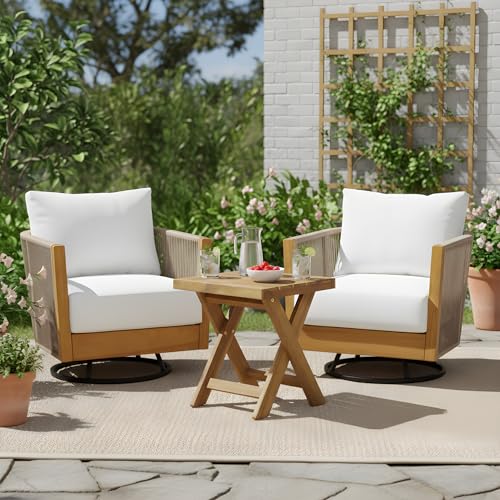 Christopher Knight Home Outdoor Swivel Rocking Chair Set of 2 with Cushion & Cross Base Side Table, Acacia Wood Patio Swivel Rocker Chair Set 360 Degree Porch Chairs for Backyard Balcony, Natural/Teak