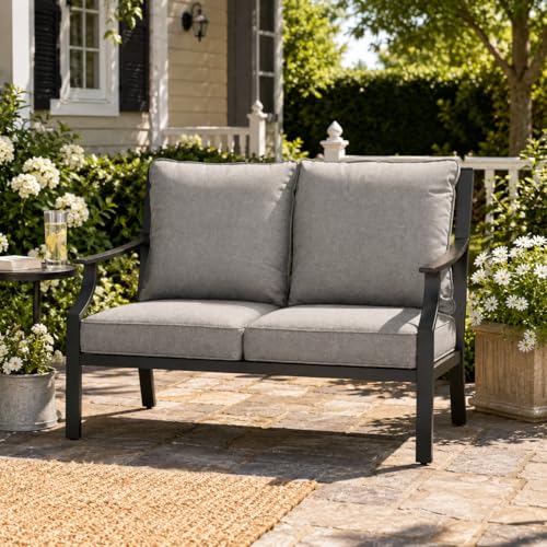 Grand patio Outdoor Loveseat Sofa, All-Weather Metal Frame 2-Person Loveseat Bench for Patio, Backyard, Balcony and Deck with Soft Cushions (Gray)