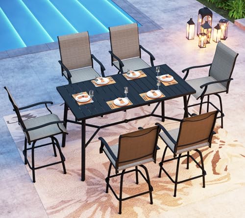 PHI VILLA Outoor Swivel Bar Stools Set of 6 with Armrest and Backrest, 30" Seat Height High Top Bar Height Patio Chairs, Brown Textilene Fabric