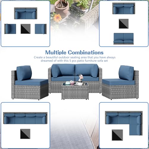 Patio Furniture Sets, 5 Piece Outdoor Sectional Sofas, Wicker Rattan Outdoor Furniture Patio Conversation Set, All-Weather PE Rattan Outdoor Couch for Backyard, Garden, Gray & Aegean Blue