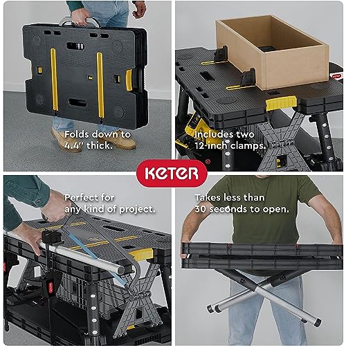 Keter Heavy-Duty Folding Workbench with 1,000 Pound Capacity - Foldable Work Table for Garage, Woodworking, and Outdoor Workshop with 12 Inch Adjustable Clamps