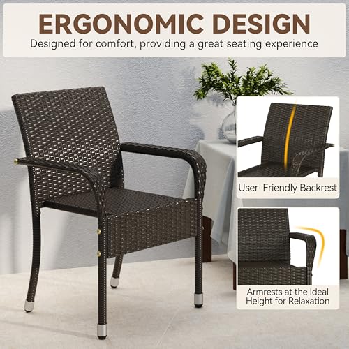 Yaheetech Set of 2 Stackable Outdoor Rattan Dining Chairs, All-Weather Armchair w/Armrests, Steel Frame for Garden, Patio, Deck, Yard, Poolside, Brown