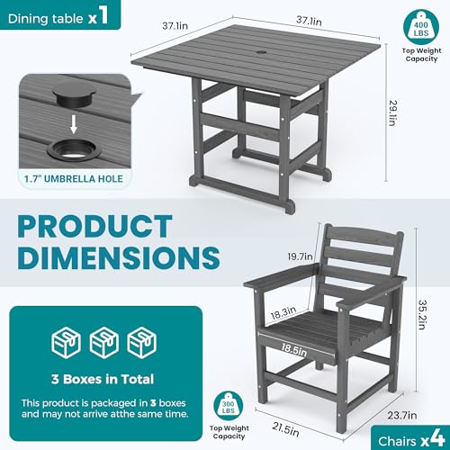 PamapicLife Outdoor HDPE Dining Table Set, 5-Piece All-Weather HDPE Outdoor Table and Chairs with Elegant Armrest, Wood Grain Patio Furniture Sets with Umbrella Hole for Porch, Backyard, Gray