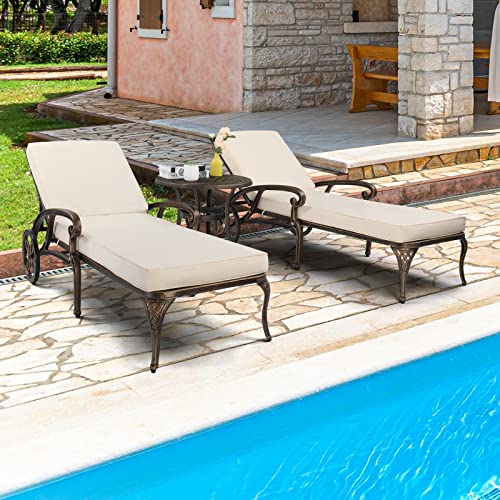 VINGLI Cast Aluminum Outdoor Chaise Lounge Chair with Wheels, Patio Chaise Lounges with 3-Position Adjustable Backrest, Pool Lounge Chair Reclining Chairs for Poolside Tanning (2, Bronze & Cushion)