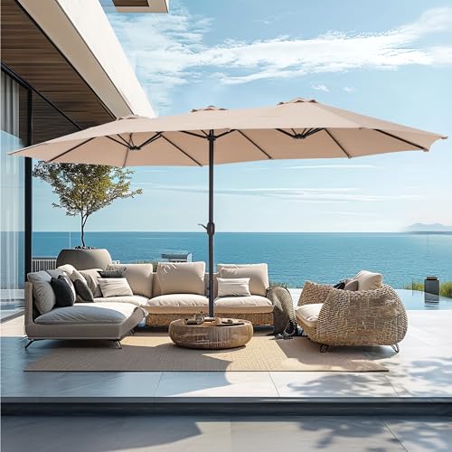 PHI VILLA 15ft Large Patio Umbrellas with Base Included, Outdoor Double-Sided Rectangle Big Market Umbrella with Stand, Outside Umbrellas for Poolside Lawn Backyard, Beige