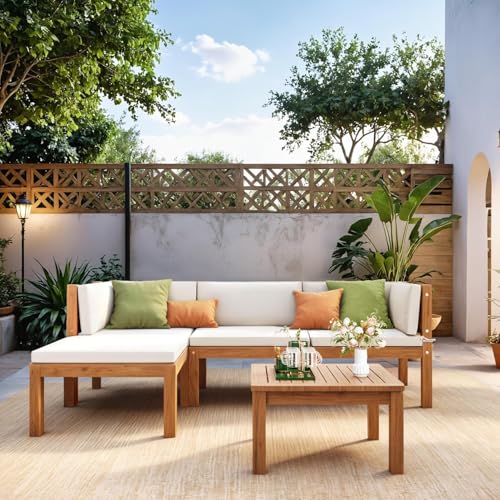 Devoko 5 Pieces Acacia Wood Outdoor Sectional Sofa Set with Coffee Table, Outdoor L-Shaped Couch with All-Weather Cushion for Patio