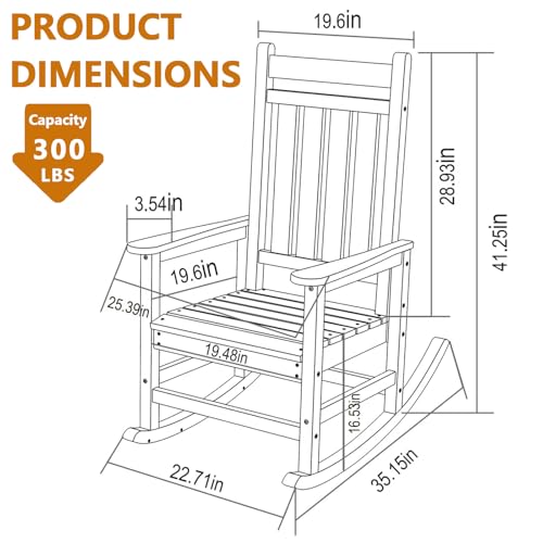 Oversized Outdoor Rocking Chair with Ergonomic Backrest, HDPE Patio Racking Chairs for Front Porch Outside All Weather, 300 LBS Capacity (Single, Navy Blue)