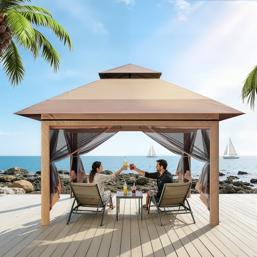 Driftalia 13x13 Pop Up Gazebo, Instant Outdoor Gazebo with Mosquito Netting, Vented Roof and Carry Bag for Patio, Garden & Backyard - Beige & Coffee