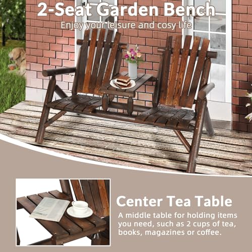 EPICOZY Outdoor 2-Person Wooden Adirondack Bench, Conversation Furniture Set with Patio Rustic Loveseat & Built-in Table, Carbonized Garden Bench Fire Pit Chair for Backyard Porch Pool Deck