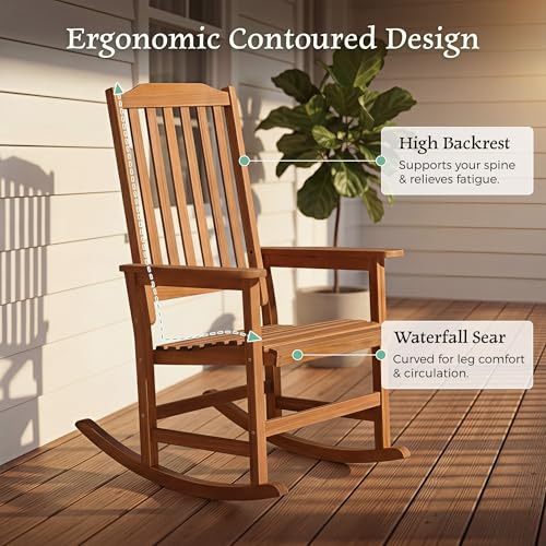 Devoko Outdoor Rocking Chair Acacia Wood Porch Rocking Chairs, Outdoor Chairs with Widened Armrest for Porch, Poolside, Balcony and Yard, Natural (1 Chair)