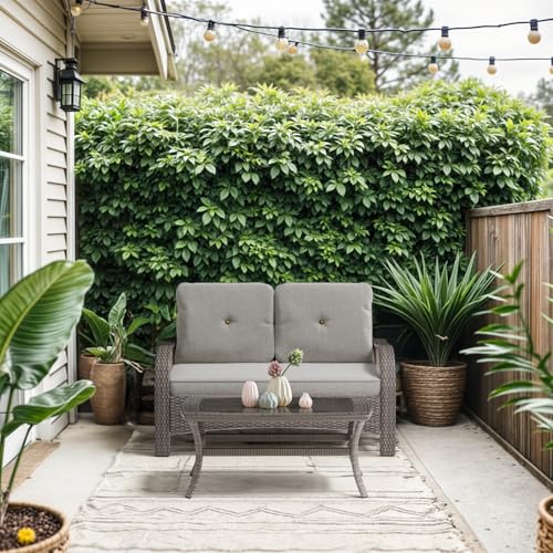 Magshion Outdoor Patio Loveseat Set, 2 Seat Sofa Furniture Set with Soft Cushions and SideTable, All-Weather Rattan Conversation Couch for Backyard, Balcony, and Deck, Grey