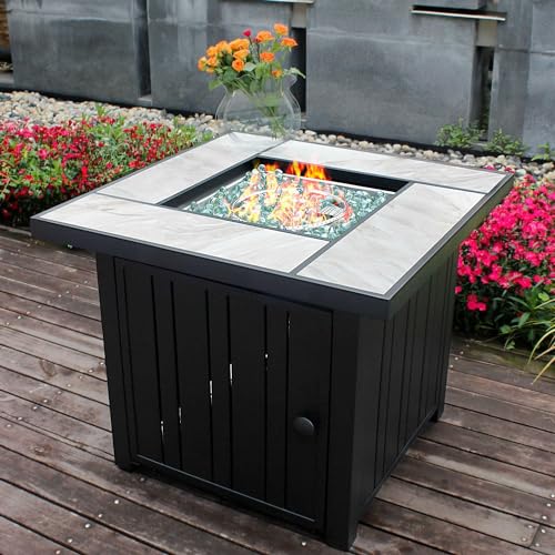 OutVue 30" Propane Fire Pit with Real Ceramic Tabletop, 50000 BTU Gas Firepit Table with Lid & Glass Rock, Outdoor Fire Pit for Dining or Party, Firepit for Outside, Patio, Garden, Yard
