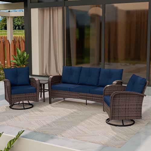 Qsoer 4 Piece Patio Conversation Set - 2 Swivel Chairs 1 Coffee Table 3-Seater Sofa, PE Wicker & Steel Patio Furniture with Heavy-Duty Steel Frame,Weatherproof Cushions, Blue