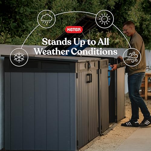 Keter Cortina Mega All‑Weather Outdoor Resin Horizontal Storage Shed with Lockable Doors, Garbage Bin & Yard Equipment Storage, Durable Patio Storage Cabinet, Graphite
