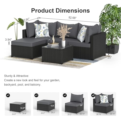 Patio Furniture Set, 5PCS Outdoor Sectional with Ottoman Wicker Rattan Patio Furniture with Thickened Cushion Modular Wicker Patio Conversation Set with Glass Top Table for Balcony, Backyard (Grey)