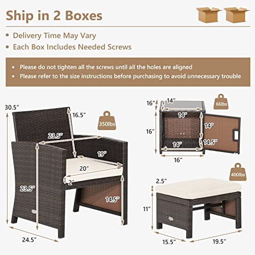 Tangkula 5 Pieces Wicker Patio Furniture Set with Waterproof Cover,Patiojoy Outdoor Cushioned Chairs and Ottoman Set with Single-Door Storage Coffee Table,Space-Saving