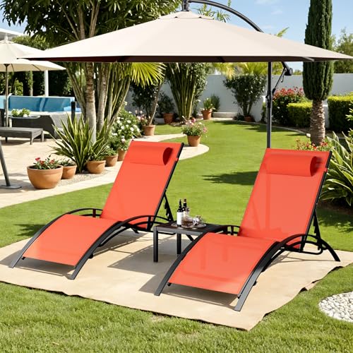 AthLike 3 pcs Poolchairs Patio Chaise Lounge Set with Headrest, 5-Level Adjustable Sunbathing Tanning Poolside Recliner Chairs with Side Table for Outdoor Beach (Orange)