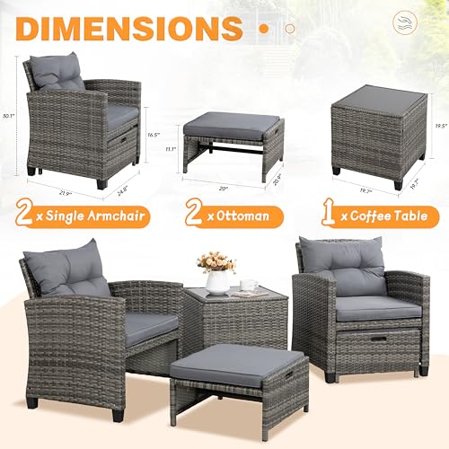 Shintenchi 5 Pieces Patio Furniture Set, Outdoor Wicker Patio Conversation Set with Ottoman, All Weather Rattan Outside Chairs with Coffee Table & Cushion for Porch, Garden, Backyard, Gray
