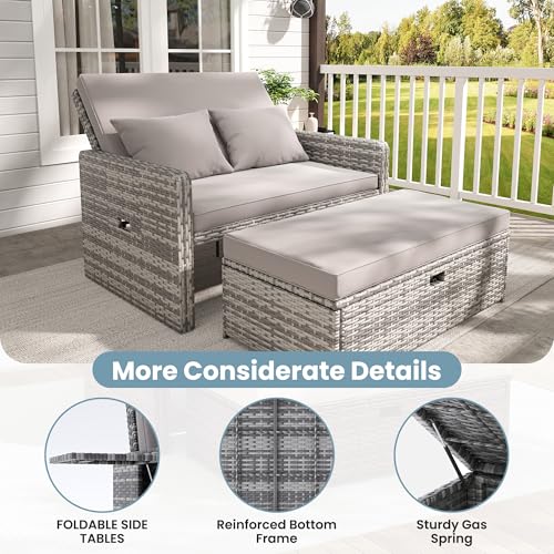Amopatio Wicker Outdoor Daybed, Outdoor Loveseat with Storage Ottoman, Rattan Patio Daybed, Patio Loveseat with 4-Level Adjustable Backrest & Folding Tray, for Yard, Balcony, Porch, Poolside, Grey