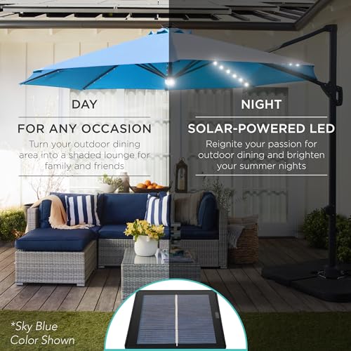 Best Choice Products 10ft Solar LED Cantilever Patio Umbrella, 360-Degree Rotation Hanging Offset Market Outdoor Sun Shade for Backyard, Deck, Poolside w/Lights, Easy Tilt, Cross Base - Slate
