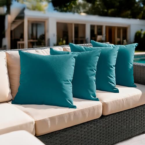 Amazon Basics 4-Piece Outdoor Decorative Throw Pillow Covers, Water Resistant All-Weather Pillow Protectors for The Garden, Patio, Balcony, Couch and Sofa, 18 x 18 Inches, Teal