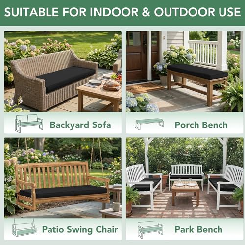 Summsun Outdoor Bench Cushion: Waterproof and Fade Resistant Patio Furniture Cushions - Non-Slip Bench Pad Cushion with Removable Cover for Garden Swing Porch Sofa Settee, 48 x 18 x 3 Inch, Black