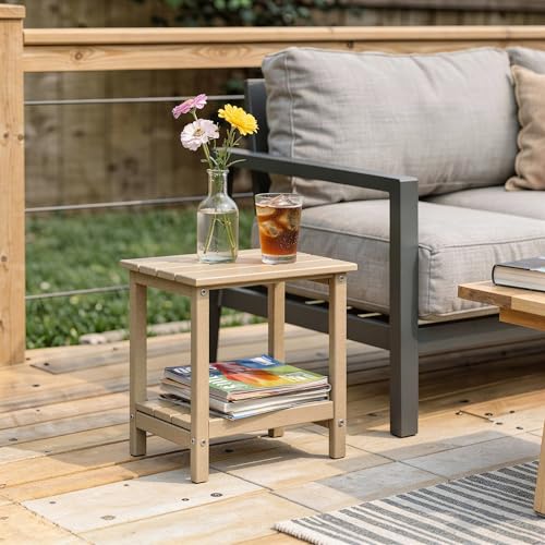 Amazon Basics Outdoor Side Table with Lower Shelf, Weather-Resistant Stainless Steel Hardware, 41.91cm x 32cm x 41.91cm, Brown, 1-Pack