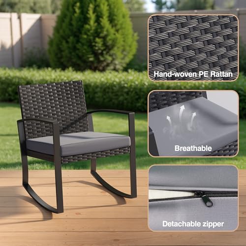 Qsun 3 Pieces Patio Furniture Set Rocking Bistro Set Outdoor Rattan Conversation with Coffee Table for Garden Balcony Backyard Poolside (Grey Cushion)