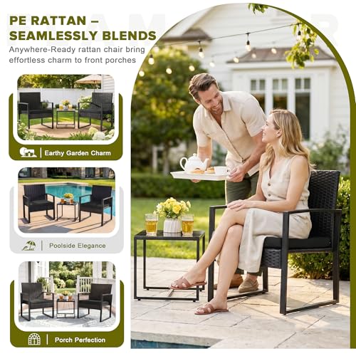 Flamaker 3 Pieces Outdoor Patio Wicker Furniture Set, Modern Rattan Chair Conversation Sets with Coffee Table for Yard and Bistro (Black)