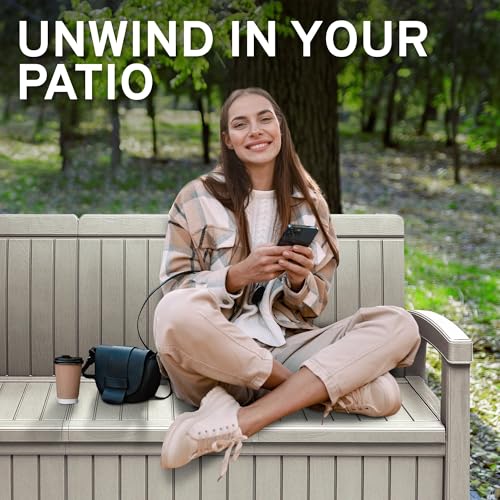 EconoHome 3 Seat Outdoor Storage Bench with Rain Cover - 90 Gallon Capacity - Weatherproof Resin Bench for Patio, Porch, Garden, Yard, Pool Area