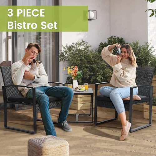 Murago 3-Piece Patio Bistro Set - Outdoor Rattan Conversation Chair Set with Glass Coffee Table & Cushions - Perfect for Balcony, Porch, Garden, Poolside, Black/Black