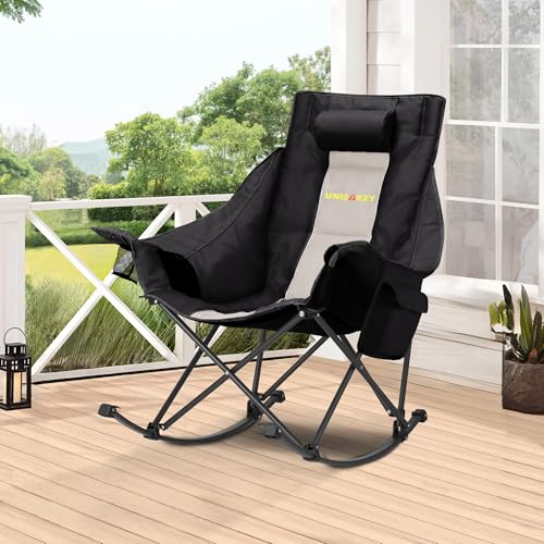 Unisakey Oversized Rocking Camping Chair with Headrest & Cup Holder - 400lbs Capacity, 600D Oxford Fabric, Easy Fold Portable Outdoor Rocker Chair for Camping, Backyard, Beach, Light Gray