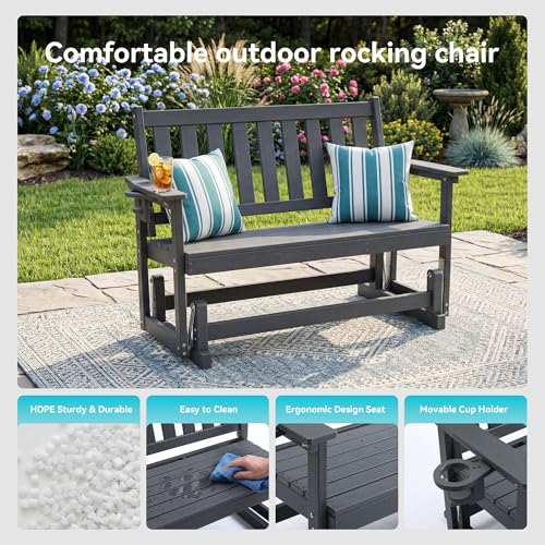 COSIEST 2 Person Outdoor Glider Bench, HDPE All-Weather Patio Glider with Cup Holder, Swing Chair for Garden, Backyard, Porch, and Deck,660LBS Capacity, Grey
