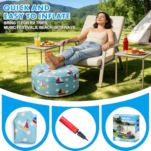 AURASUN Inflatable Outdoor Ottoman Pouf - Portable Footstool with Handle D20” x H10” - Air Pump Included for Outdoor Indoor Use - Comfortable Foot Rest or Seating for Camping or Pool (Light Blue)