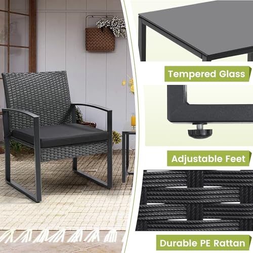 Murago Outdoor 3-Piece Wicker Bistro Set, Rattan Patio Conversation Set with Coffee Table, for Backyard Garden Poolside, Black Frame & Black Cushion