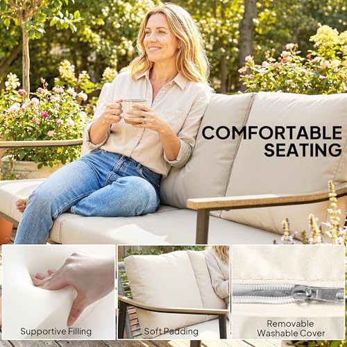 Outsunny Outdoor Patio Couch, 3 Seater Outdoor Sofa with Wood-Effect Armrests and Wicker Backrest, Outdoor Patio Furniture Couch with Cushions, Steel Frame for Porch, Garden, Backyard, Khaki