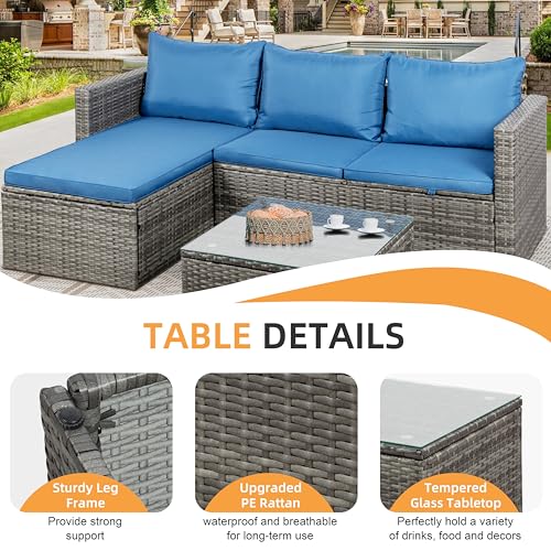 Shintenchi Outdoor Patio Furniture Sets, Small Outdoor Sofa Patio Sectional Sets 3-Piece All Weather Wicker Rattan Seating Sofas with Glass Coffee Table and Cushion (Blue)
