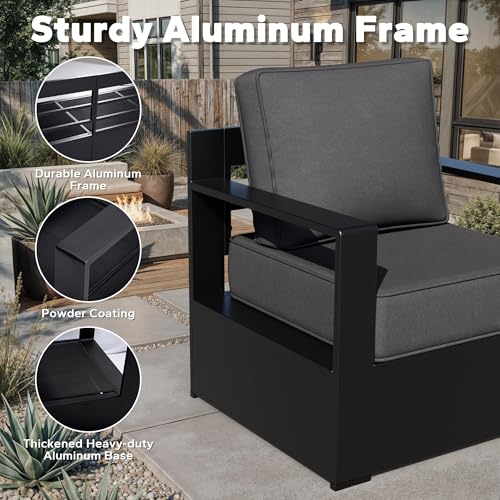 Qsoer Outdoor Aluminum Furniture Set, 4-Piece Patio Conversation Set, 2 Chairs, 1 Sofa and 1 Table, All-Weather Metal Frame, 6" Thick Removable Cushions, Deep Setting for Garden, Poolside and Porch