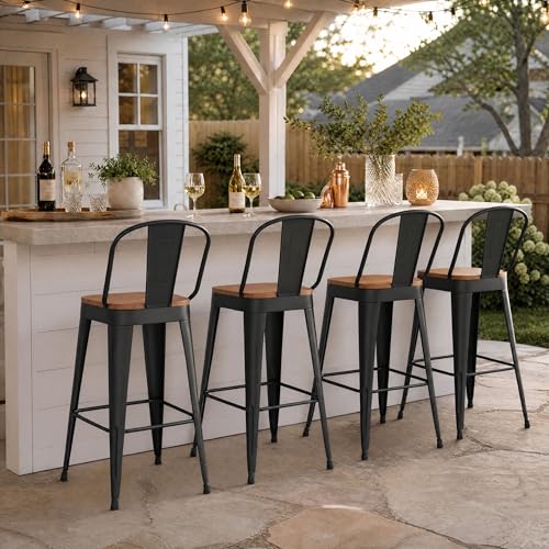 POINTANT Outdoor Metal Bar Stools Set of 4,30 inch Barstools Counter Height Bar Stool with High Back Farmhouse Kitchen Dining Chairs Bar Funiture for Outside