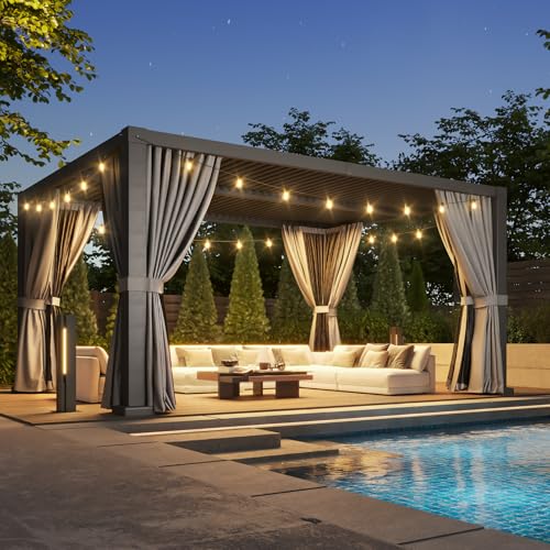 Aoxun Louvered Pergola 12' x 16' Aluminum Outdoor Pergola with Independent Adjustable Roofs, Curtains and Netting, Built-in Drainage System for Patios & Backyards, Rust Resistant Frame