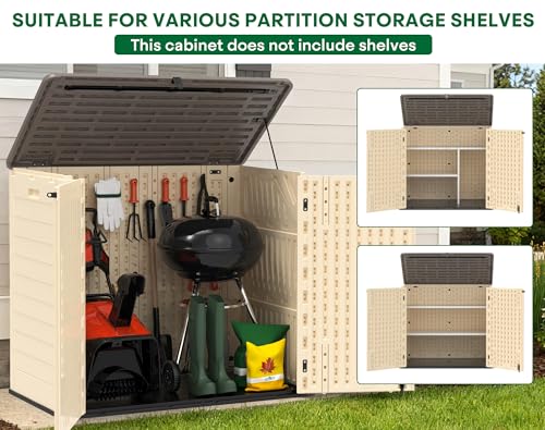 IWDOO Outdoor Storage Shed, 30 Cu Ft Waterproof Horizontal Resin Storage Cabinet, Weather-Resistant Garden Shed Trash Can Storage with Pad-Lockable Doors for Backyards (Khaki)