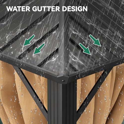YITAHOME 9x11FT Hardtop Gazebo Double Roof Canopy w/Netting and Curtains, Outdoor Gazebo Permanent Galvanized Iron Steel Gazebo for Patio, Backyard, Deck and Lawns, Brown