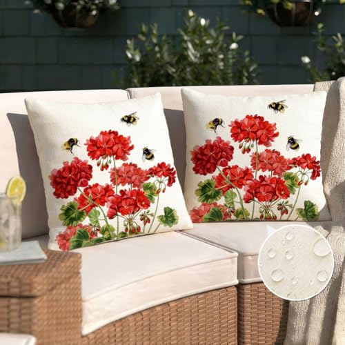 RABUSOFA Spring Summer Outdoor Geranium Pillow Covers 18x18 Inch Set of 2 Waterproof for Outside, Red Bee Holiday Farmhouse Seasonal Indoor Cushion Cases Decoration for Patio Furniture