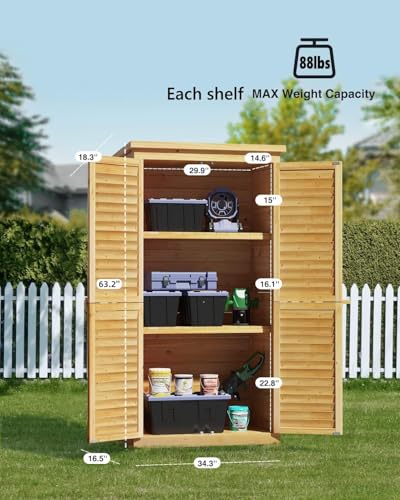 Bealife 63.2" Outdoor Storage Cabinet with Double Doors, Lockable Vertical Storage Shed with 3 Shelves Organizer, Waterproof Fir Wood Tool Closet Shed for Garden, Backyard, Patio, and Lawn -Natural