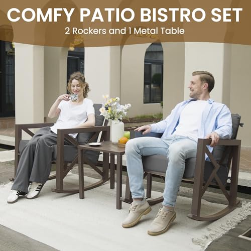 UDPATIO Outdoor Rocking Chair Set of 2 with Coffee Table, 3 Piece Metal Patio Furniture Set with 6.5" Water-Resistant Cushions, Oversized, 350lbs Heavy-Duty, for Porch, Patio, Balcony, Dark Grey