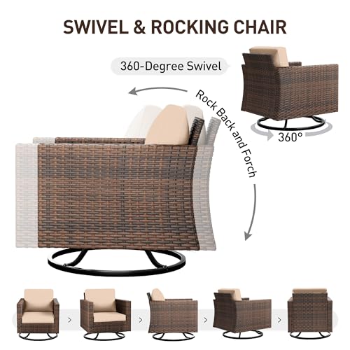 UDPATIO Patio Furniture Set, 5 Pieces Outdoor Conversation Sets with Rocking Swivel Chairs, Wicker Rattan Outdoor Sofa Set with Storage Table and Waterproof Covers for Backyard, Deck, Porch, Khaki