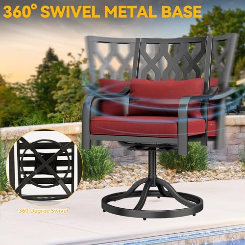 DWVO Swivel Patio Chairs Set of 2, Heavy-Duty Outdoor Swivel Chairs with 352lbs Capacity, All-Weather Metal Frame & Red Plush Cushions with Lumbar Pillow for Patio Deck Poolside Balcony Backyard